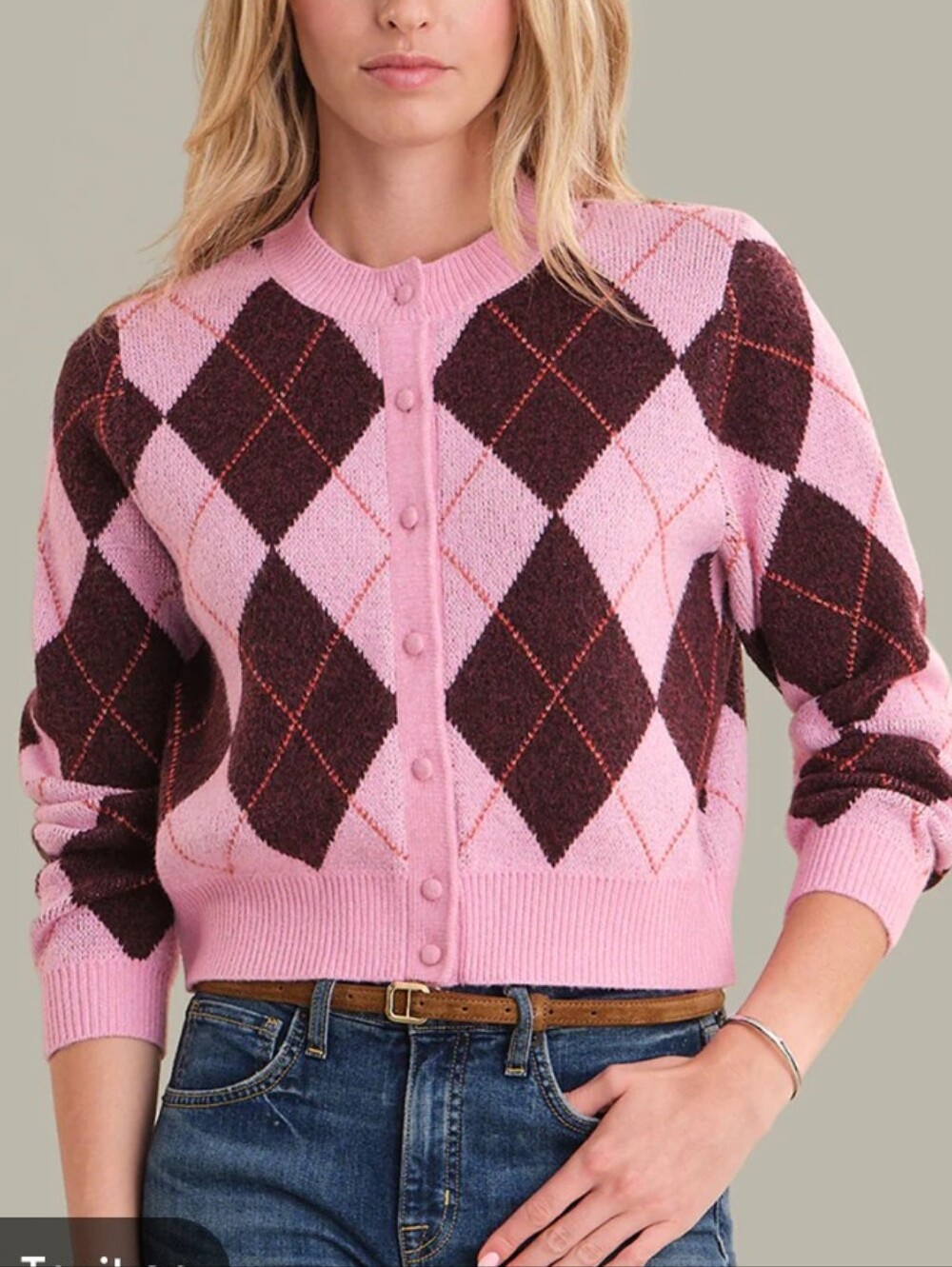 Zara Pink and Burgundy Argyle Button-Front Cardigan